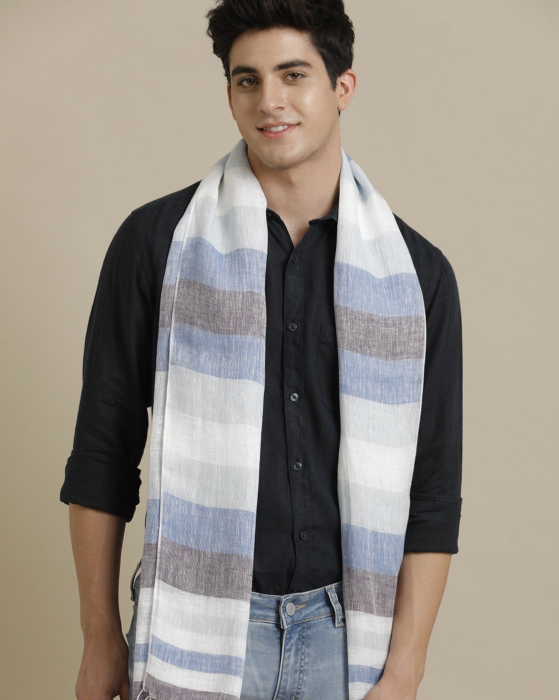 Unisex Blue Striped Linen Stole