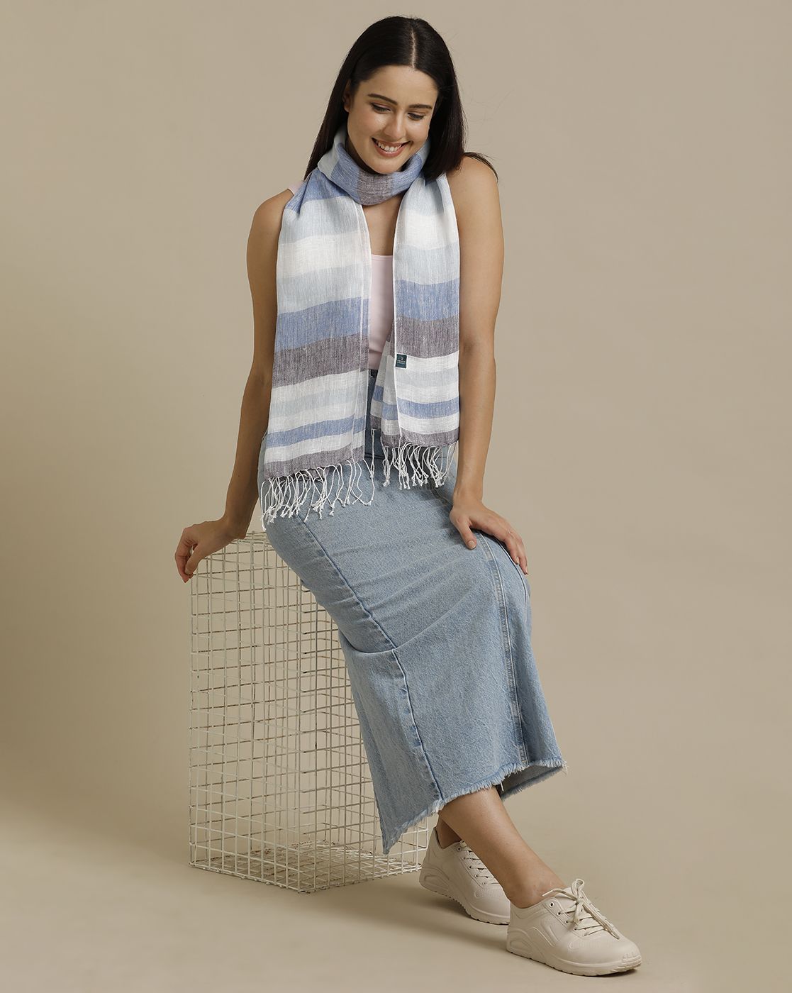 Unisex Blue Striped Linen Stole
