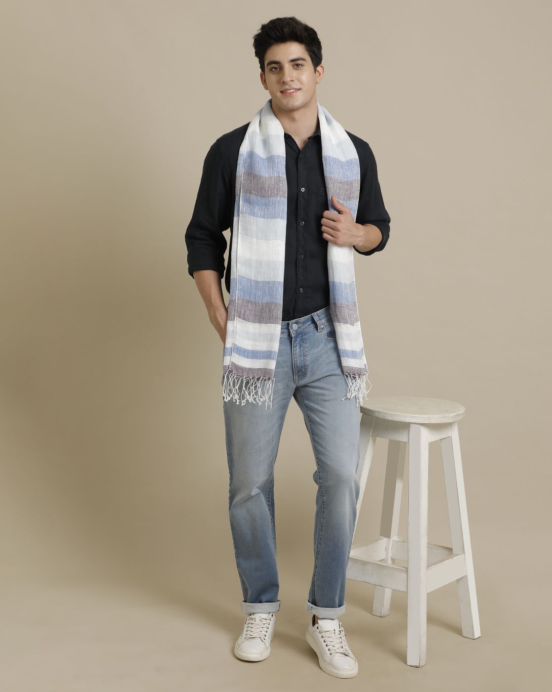 Unisex Blue Striped Linen Stole