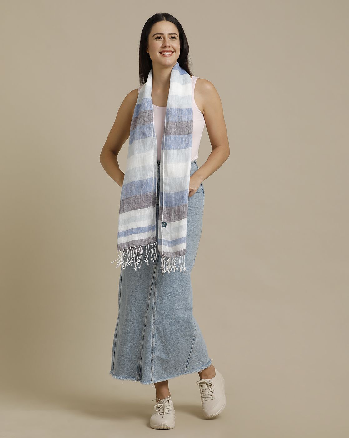 Unisex Blue Striped Linen Stole