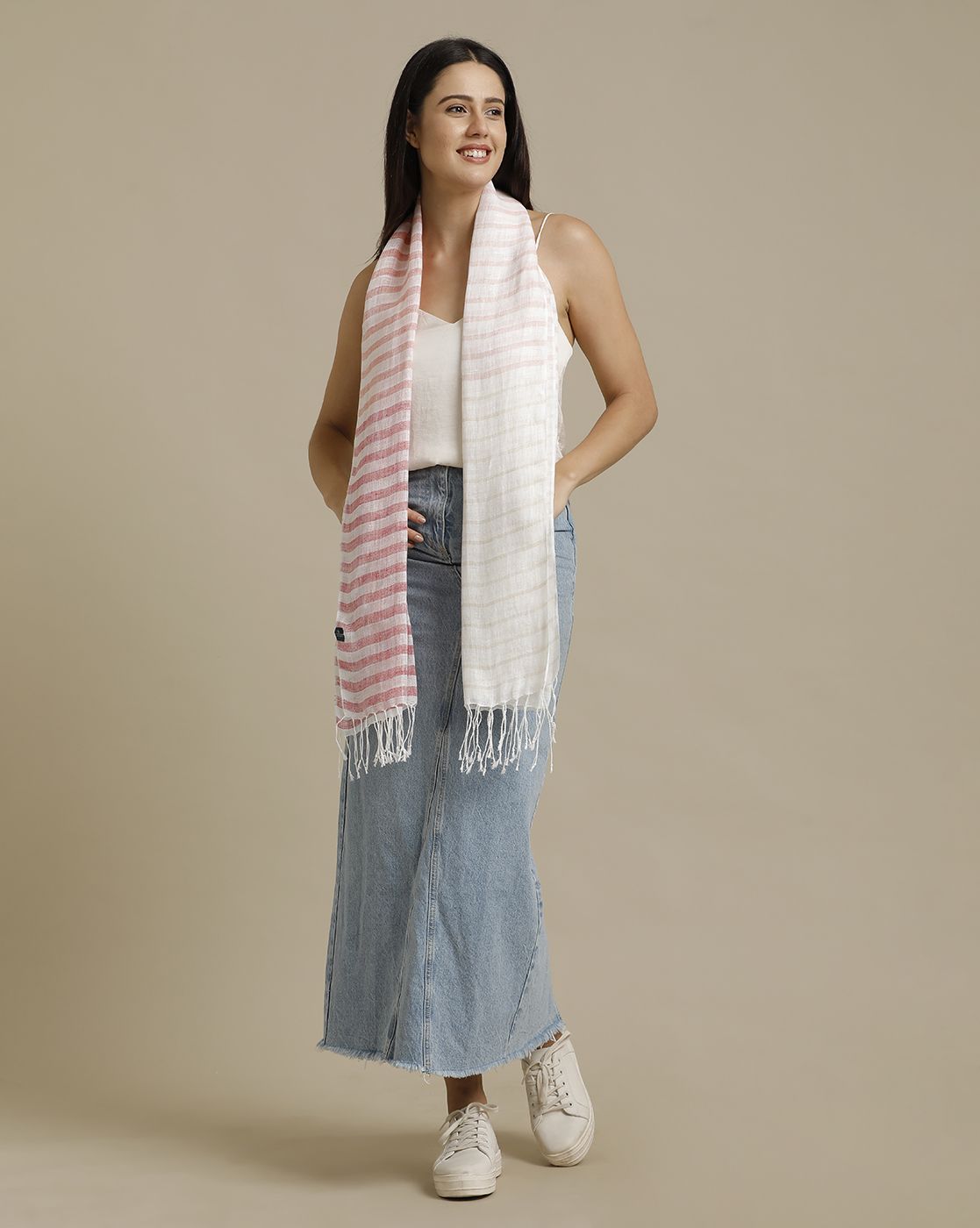 Linen Club Red Striped Pure Linen Unisex Stole