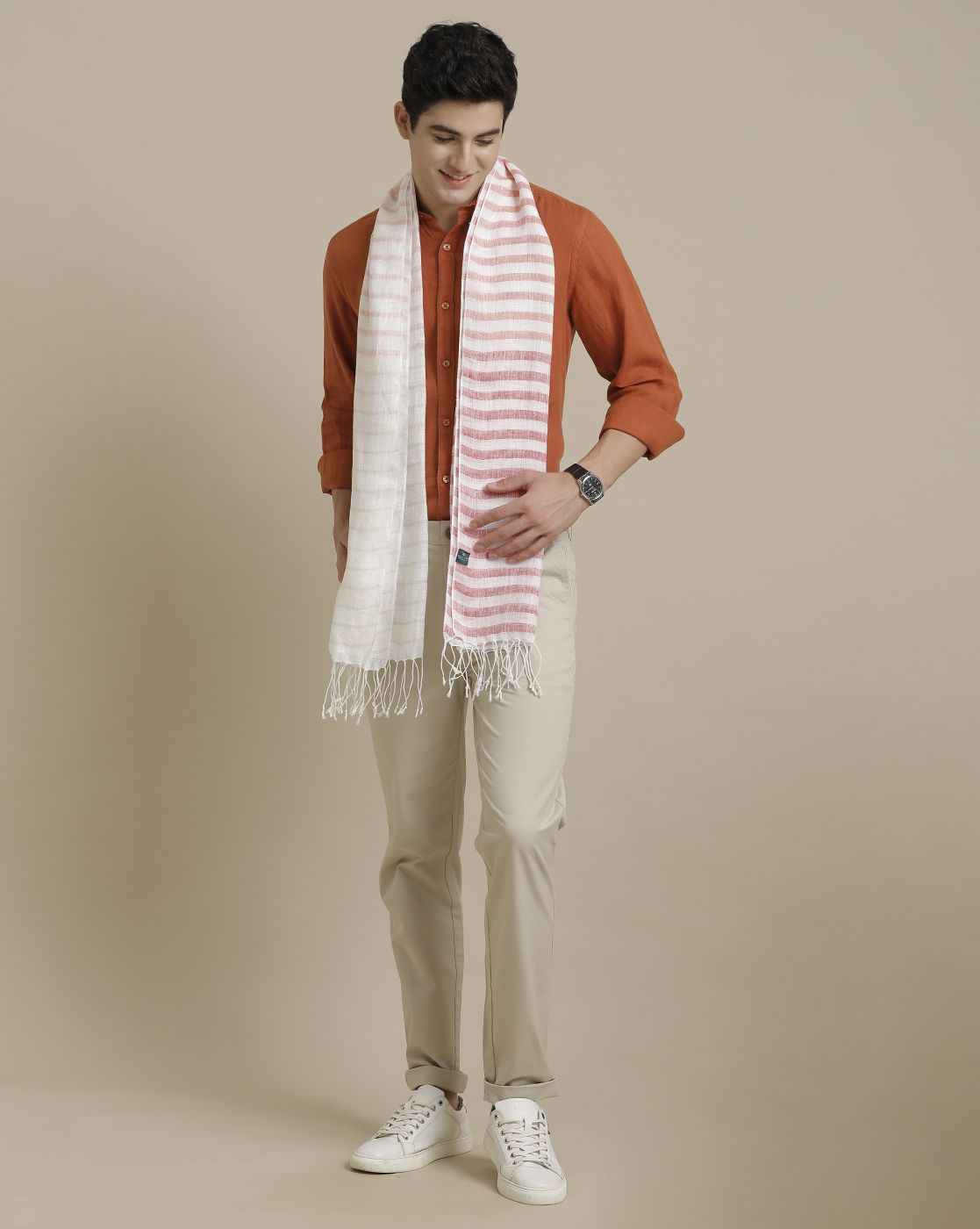 Linen Club Red Striped Pure Linen Unisex Stole