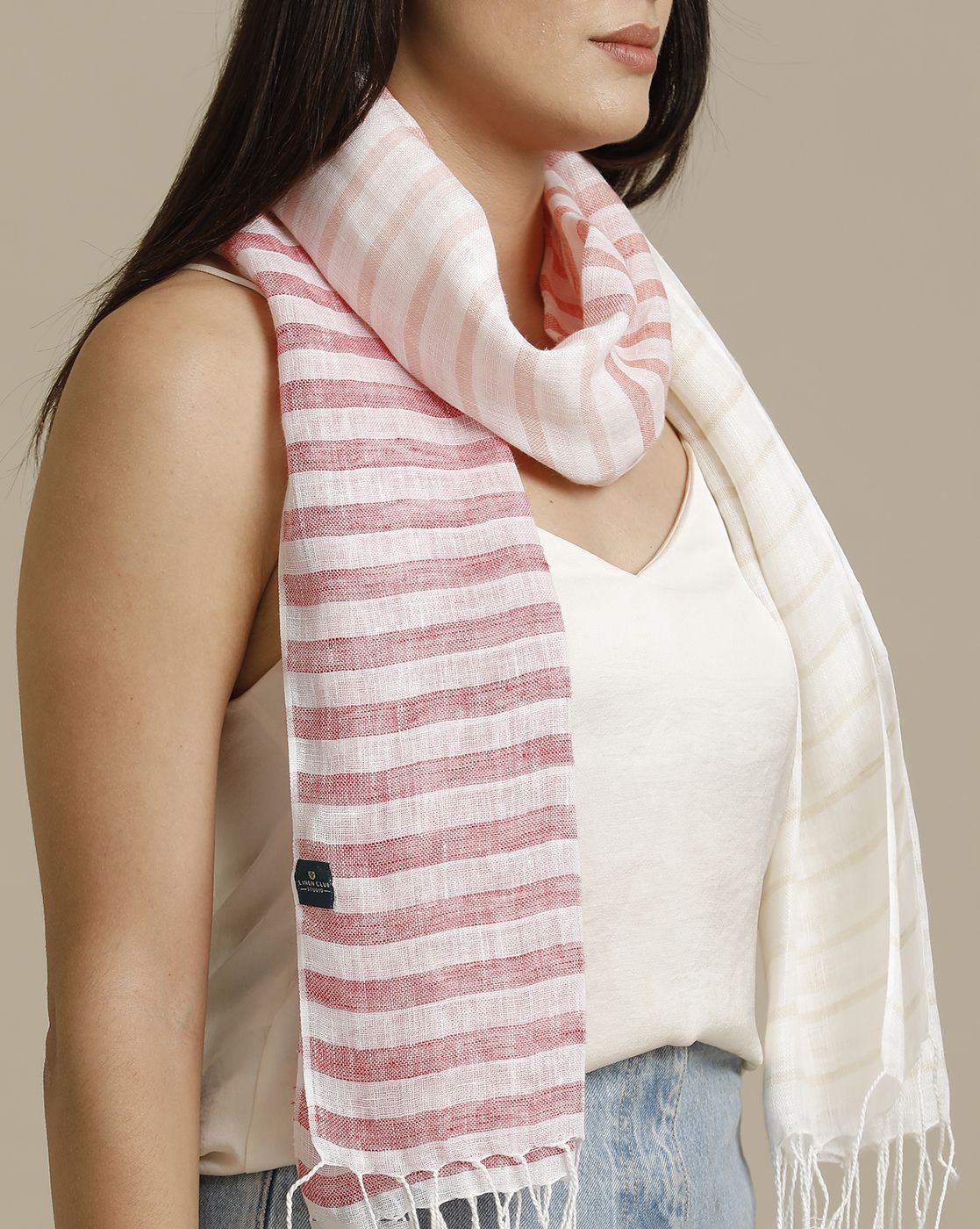 Linen Club Red Striped Pure Linen Unisex Stole