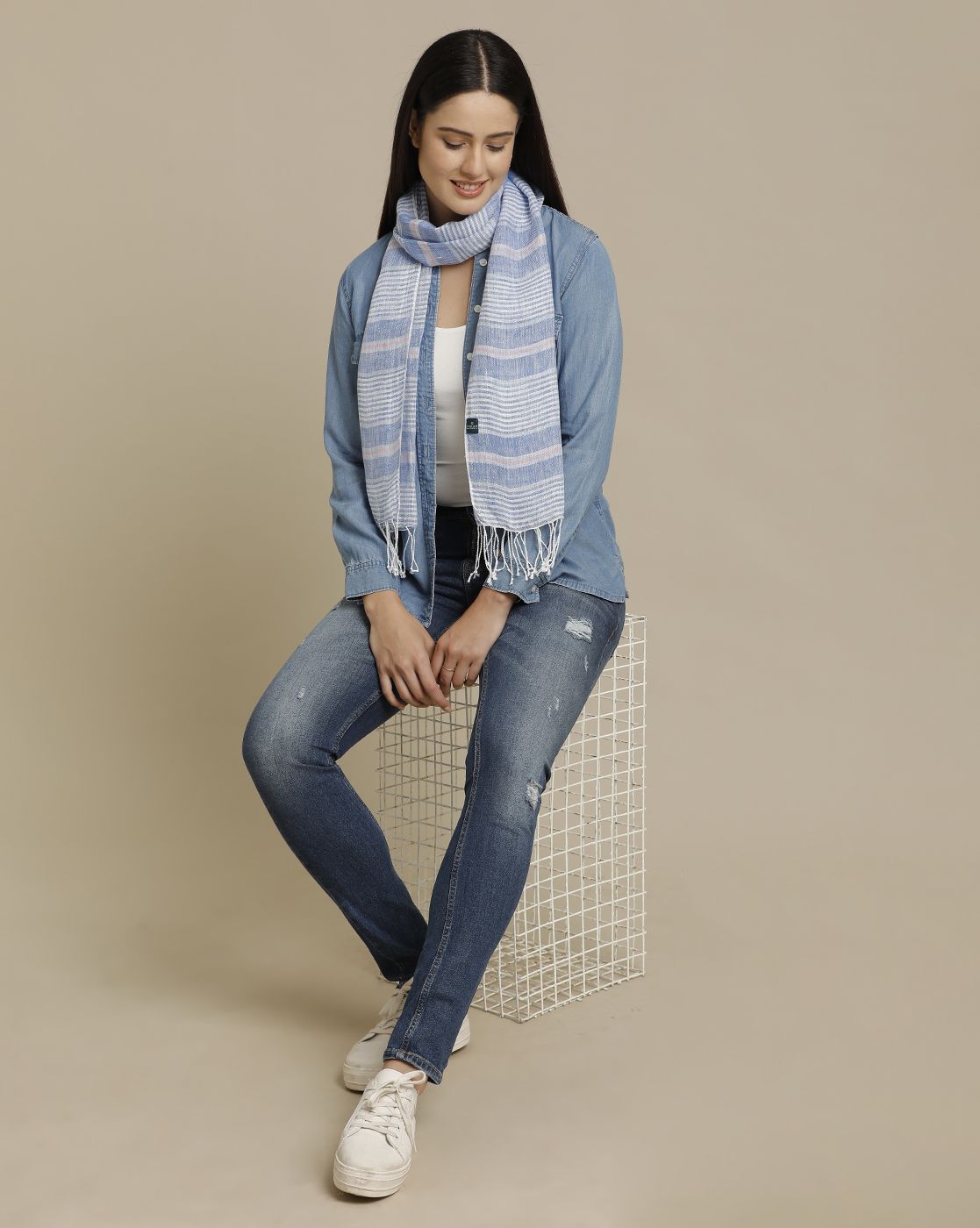 Unisex Blue Striped Linen Stole