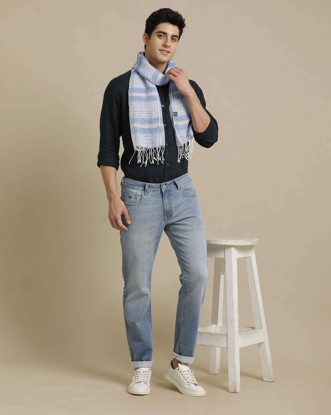 Unisex Blue Striped Linen Stole
