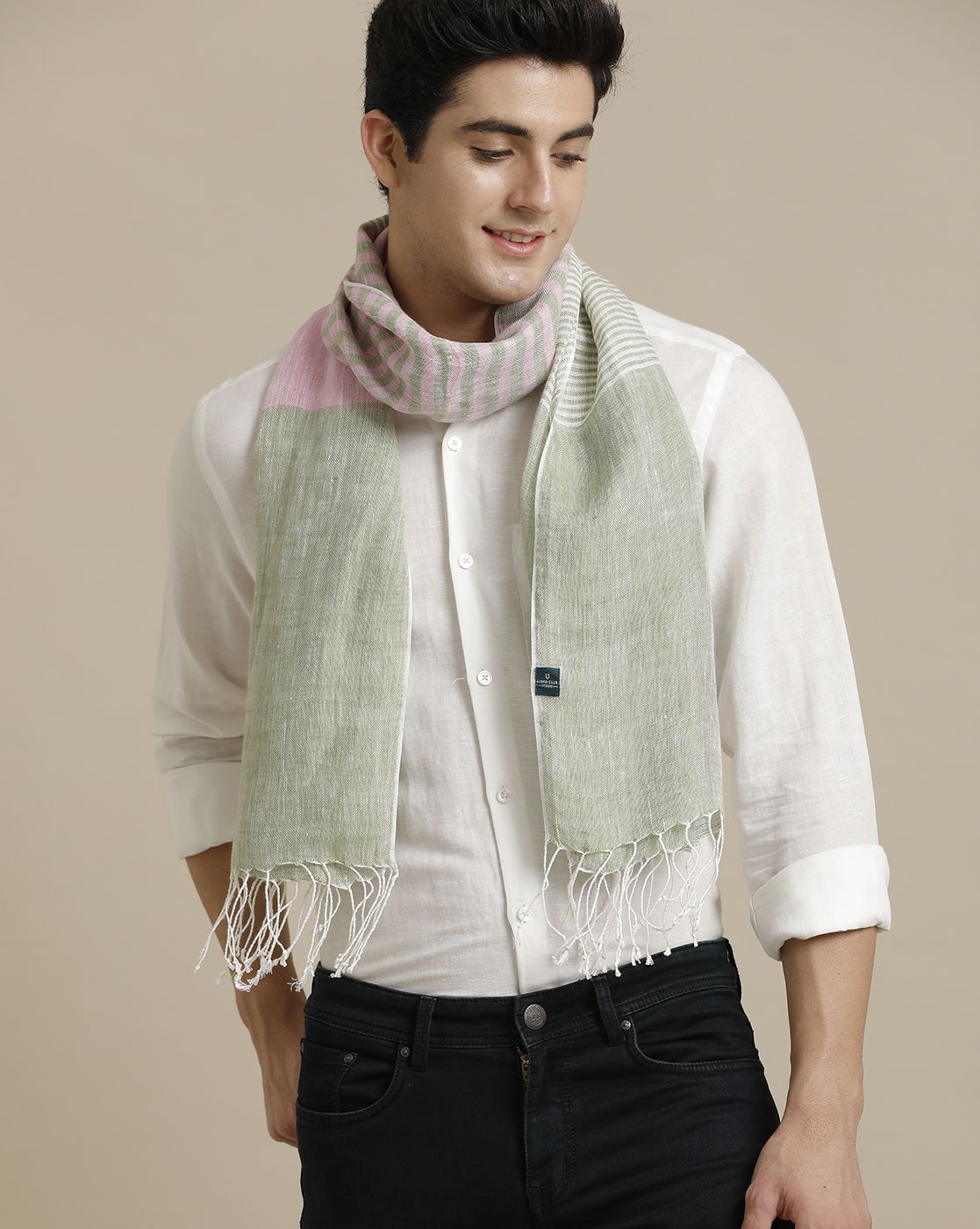 Linen Club Green Striped Pure Linen Unisex Stole