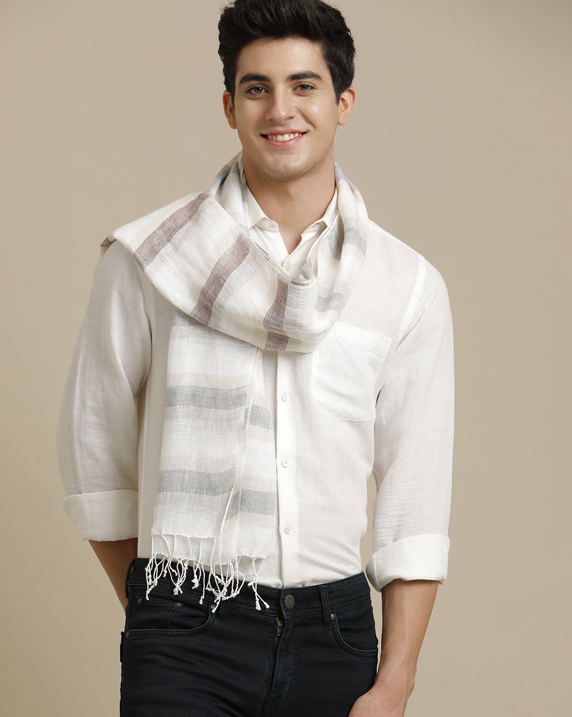 Unisex Grey Striped Linen Stole