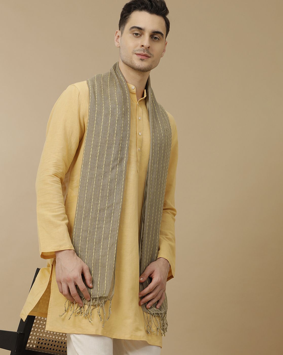 Unisex Brown Striped Linen Stole