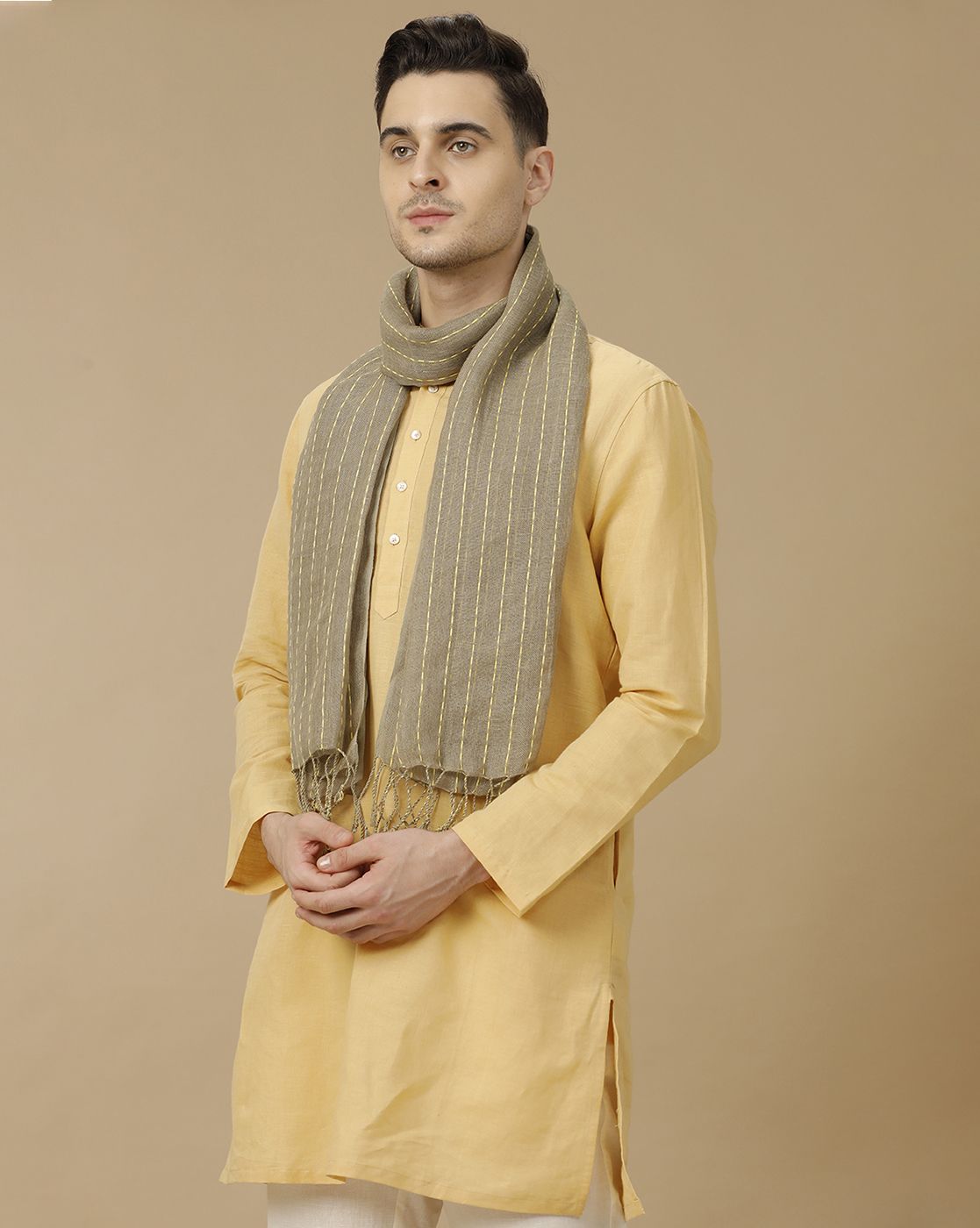 Unisex Brown Striped Linen Stole