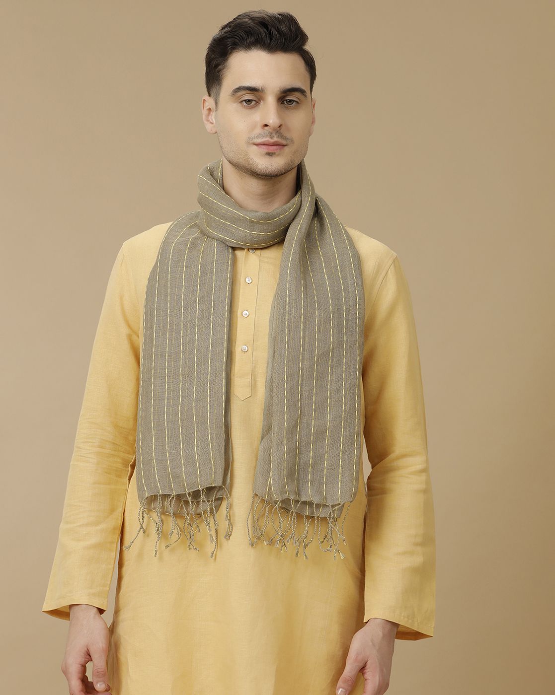 Unisex Brown Striped Linen Stole