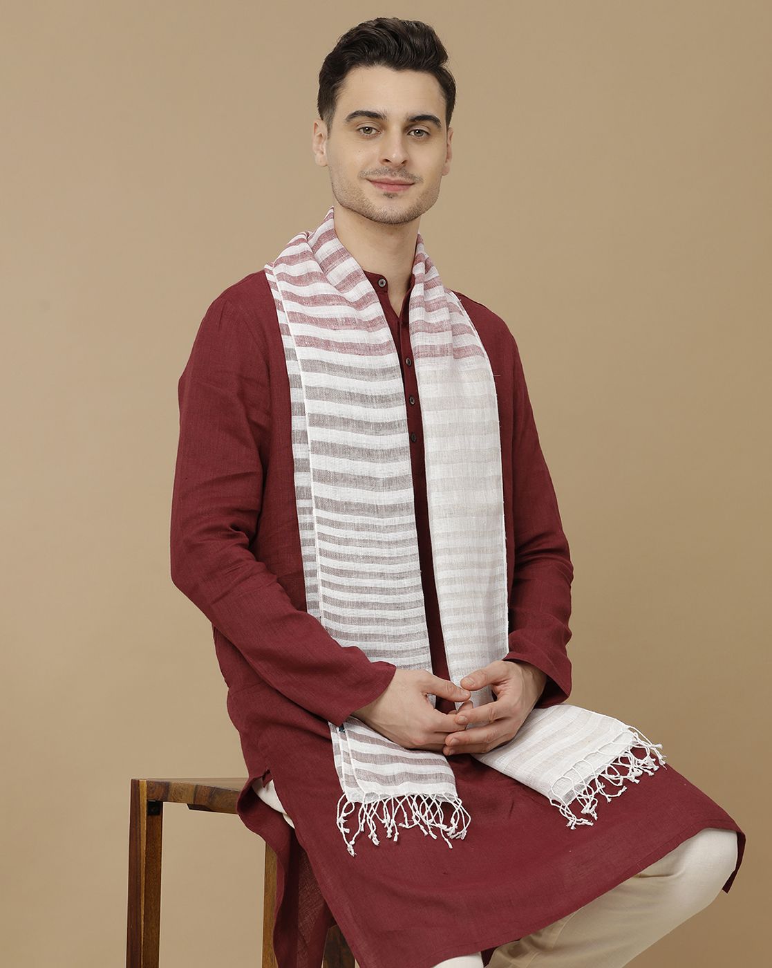 Unisex Red Striped Linen Stole