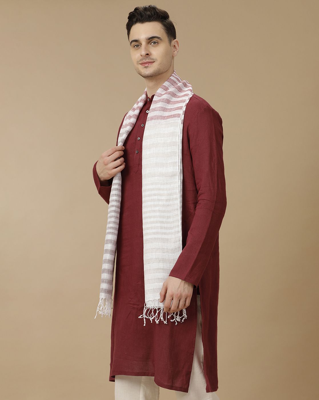Unisex Red Striped Linen Stole