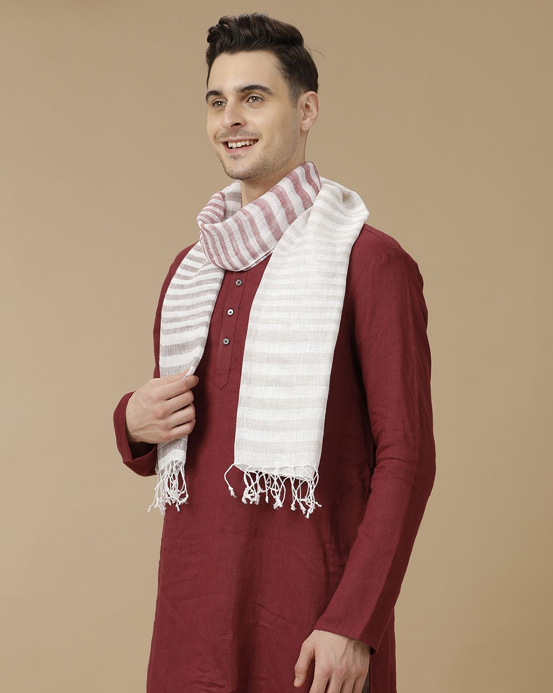 Unisex Red Striped Linen Stole