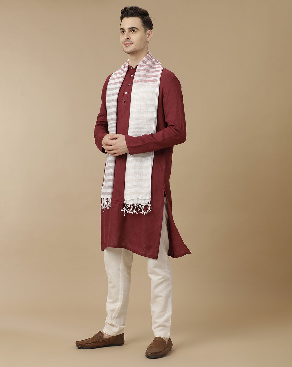 Unisex Red Striped Linen Stole