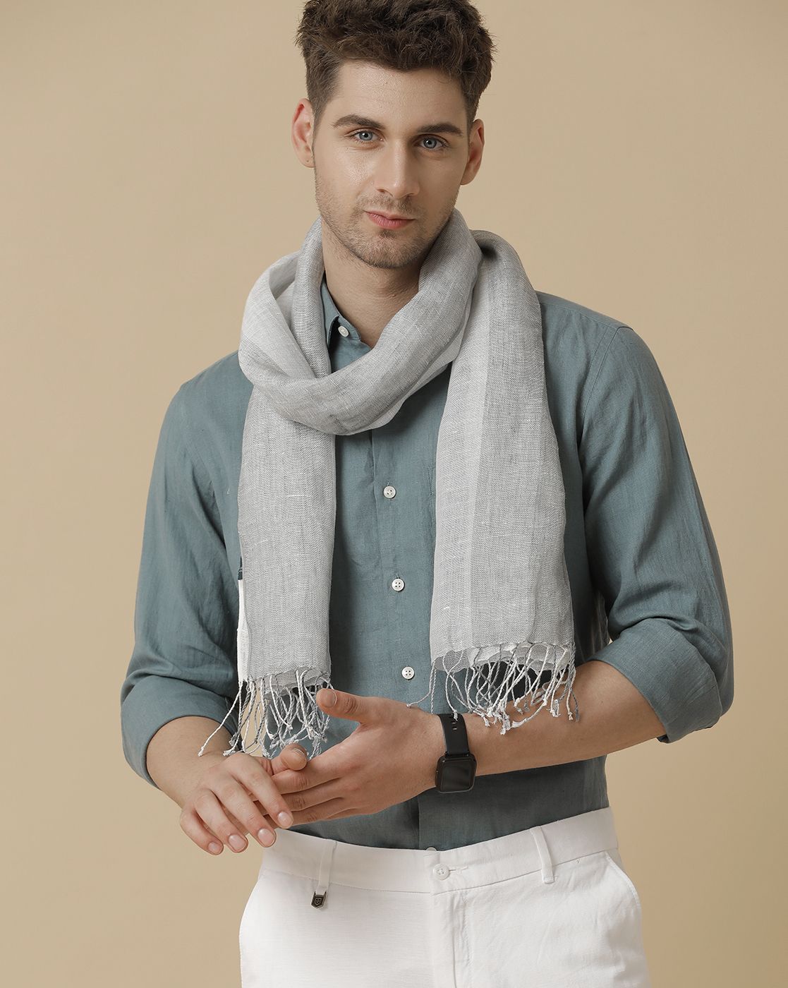 Linen Club Grey Striped Pure Linen Unisex Stole