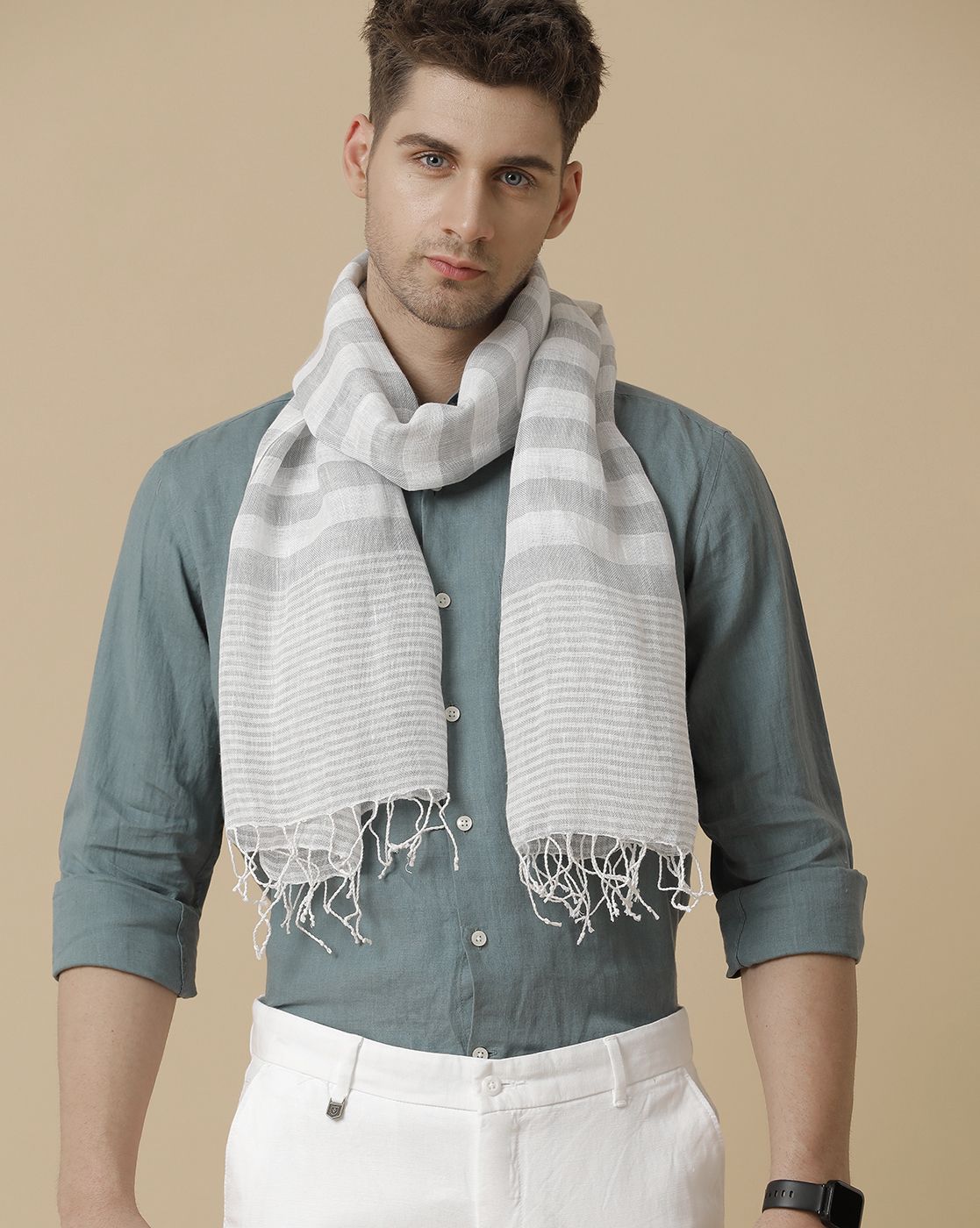 Linen Club Grey Striped Pure Linen Unisex Stole