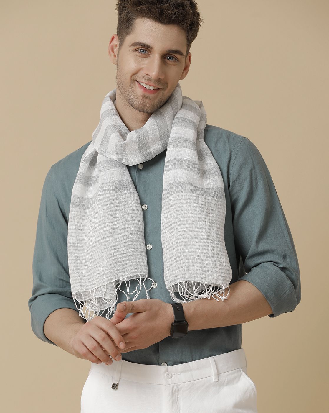 Linen Club Grey Striped Pure Linen Unisex Stole