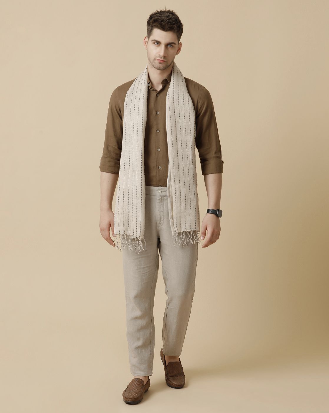 Linen Club Natural Striped Pure Linen Unisex Stole