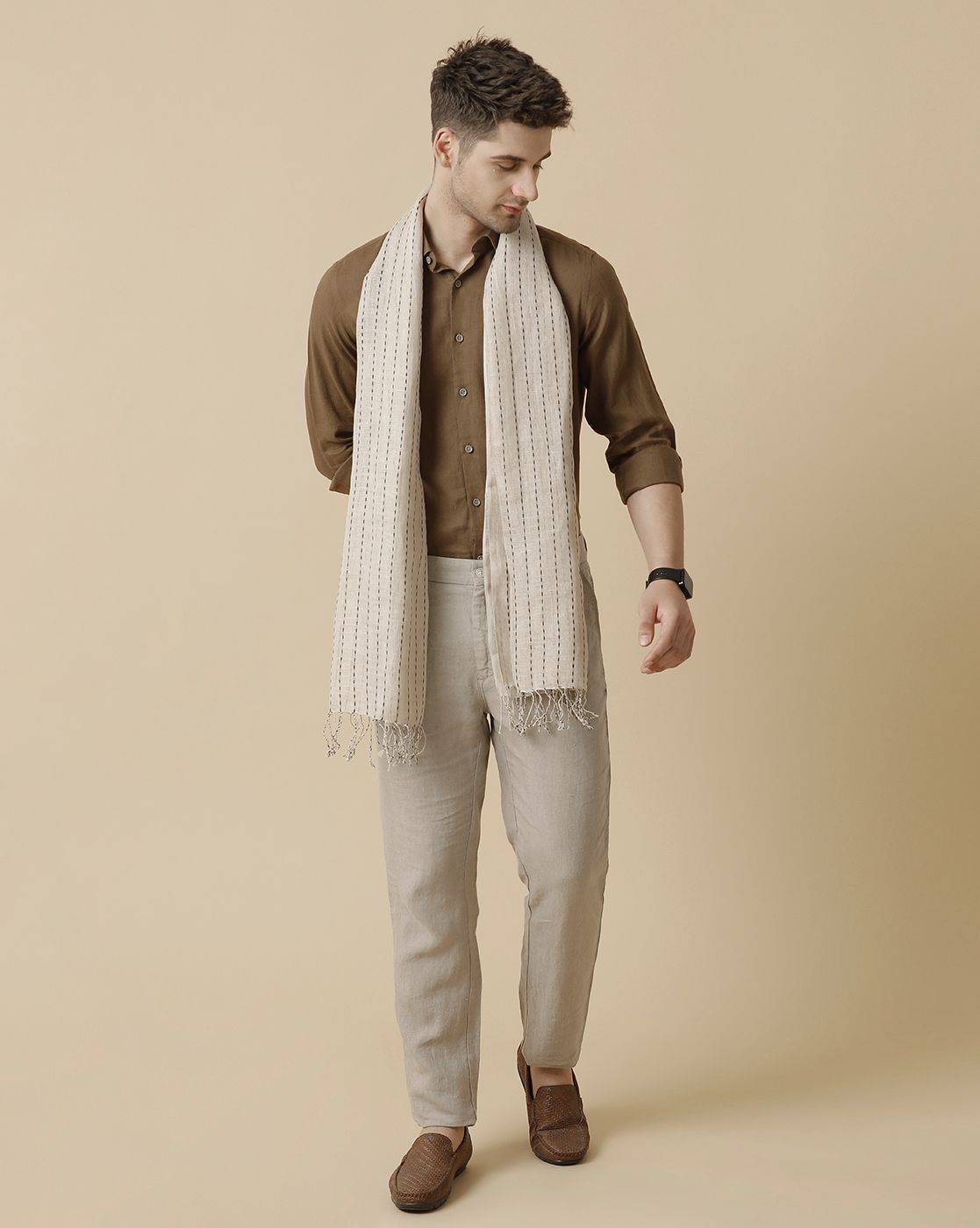 Linen Club Natural Striped Pure Linen Unisex Stole