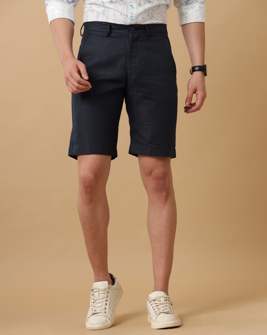 Mens Linen Blue Solid Contemporary Fit Casual Shorts