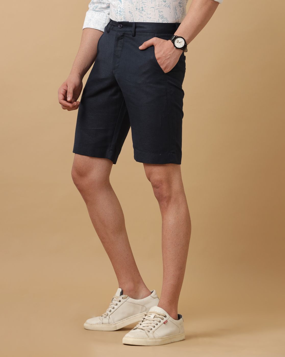 Mens Linen Blue Solid Contemporary Fit Casual Shorts