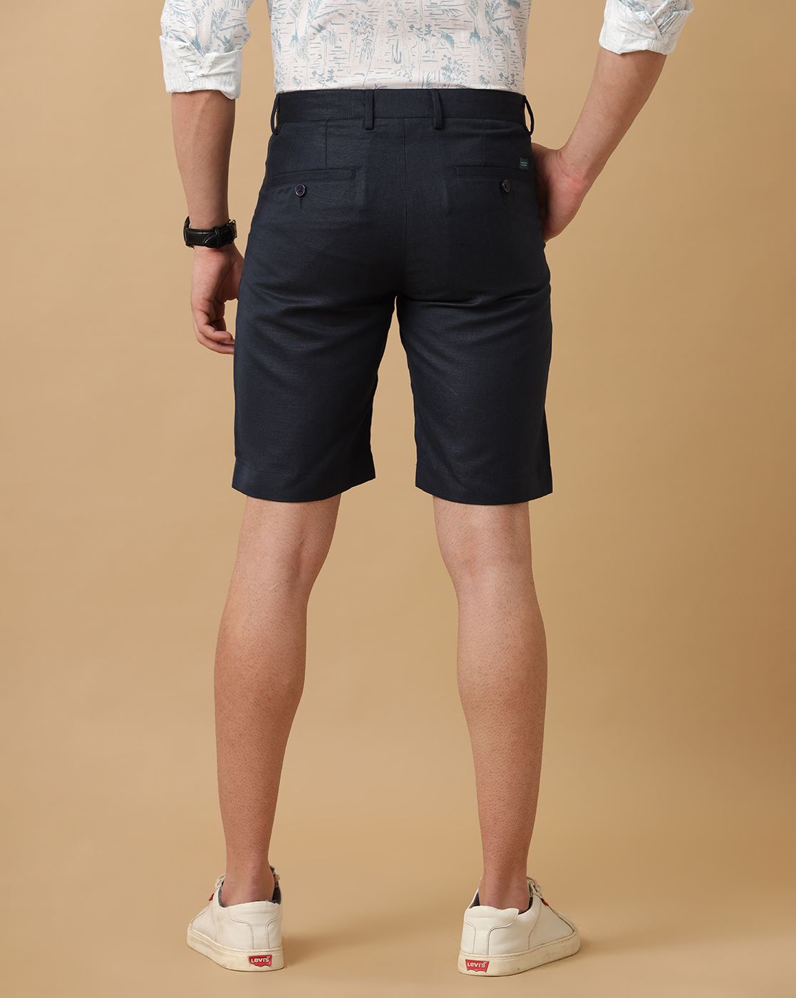 Mens Linen Blue Solid Contemporary Fit Casual Shorts