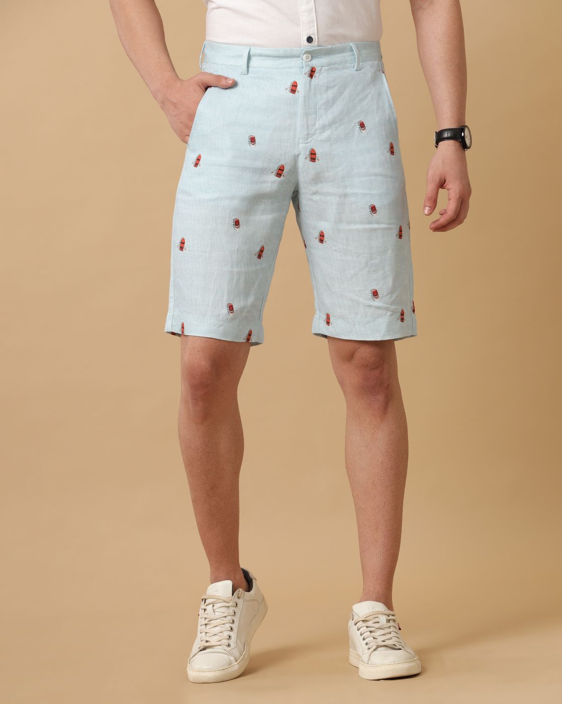 Mens Linen Blue Printed Contemporary Fit Casual Shorts