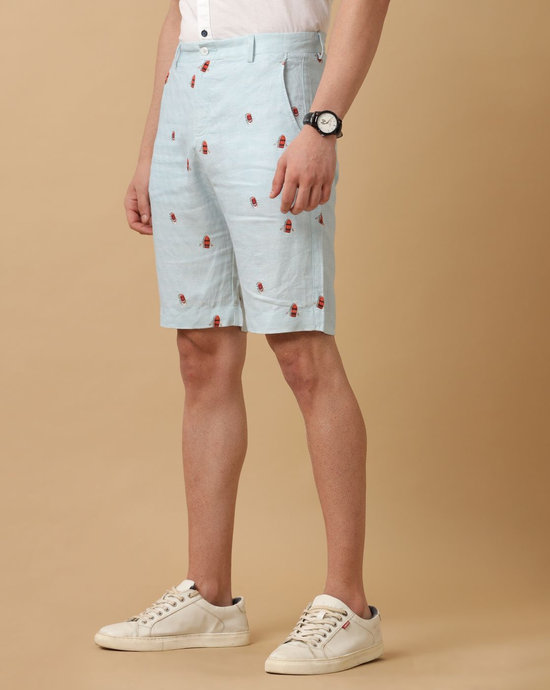 Mens Linen Blue Printed Contemporary Fit Casual Shorts