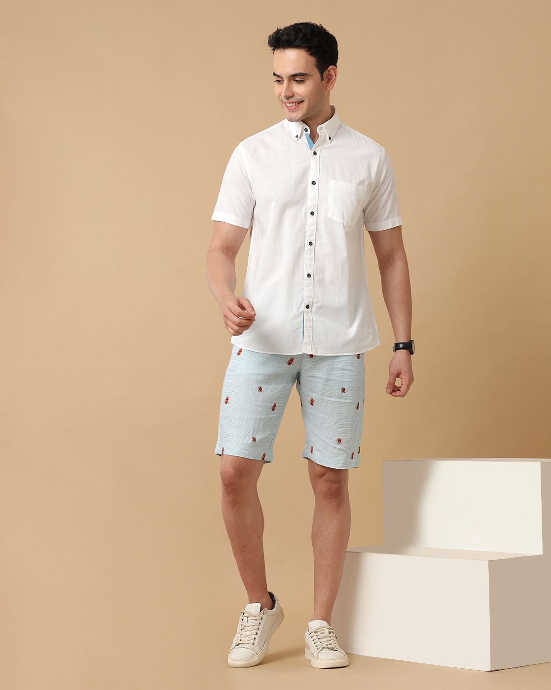 Mens Linen Blue Printed Contemporary Fit Casual Shorts