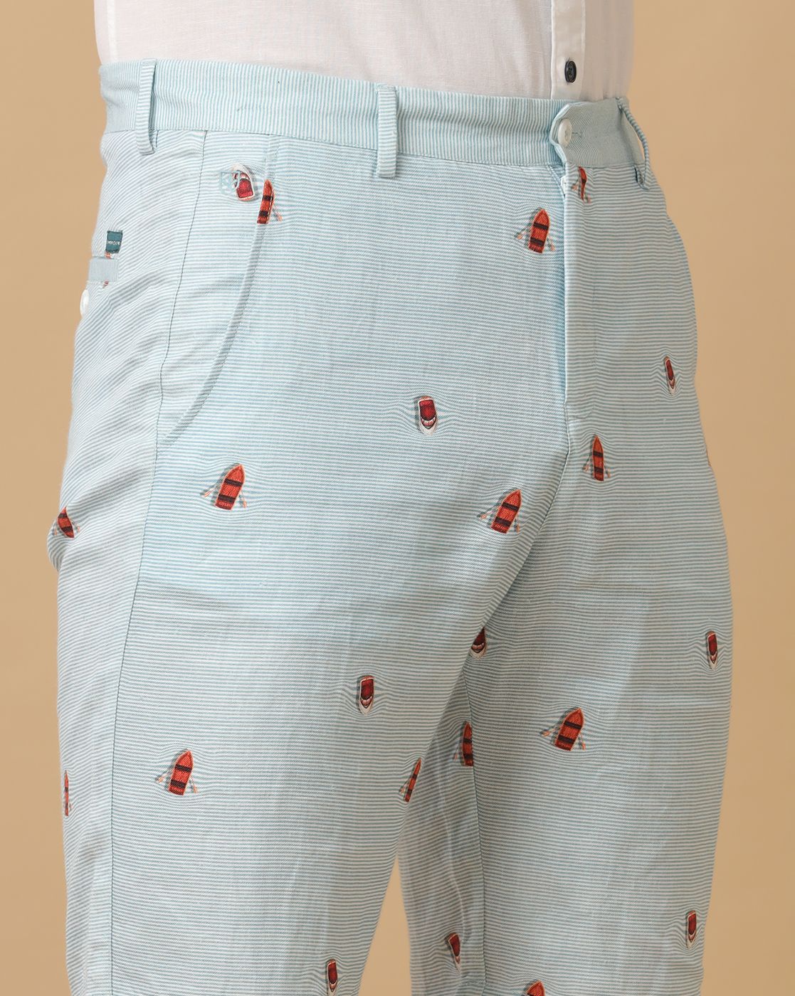 Mens Linen Blue Printed Contemporary Fit Casual Shorts