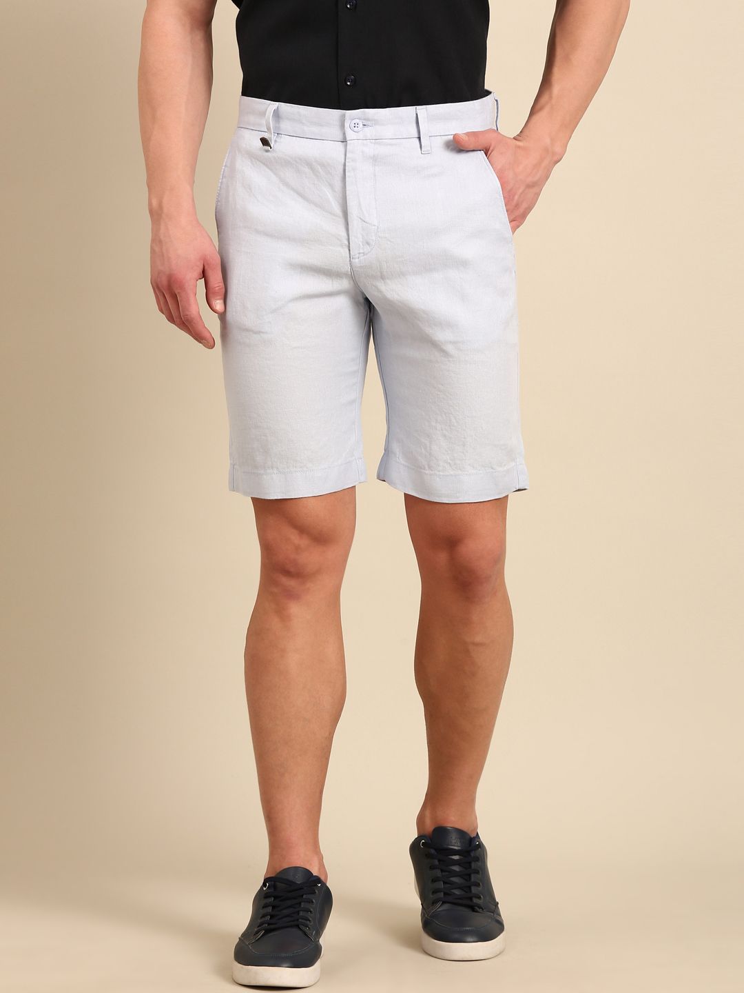 Linen Club Men's Pure Linen Blue Solid Contemporary Fit Casual Shorts