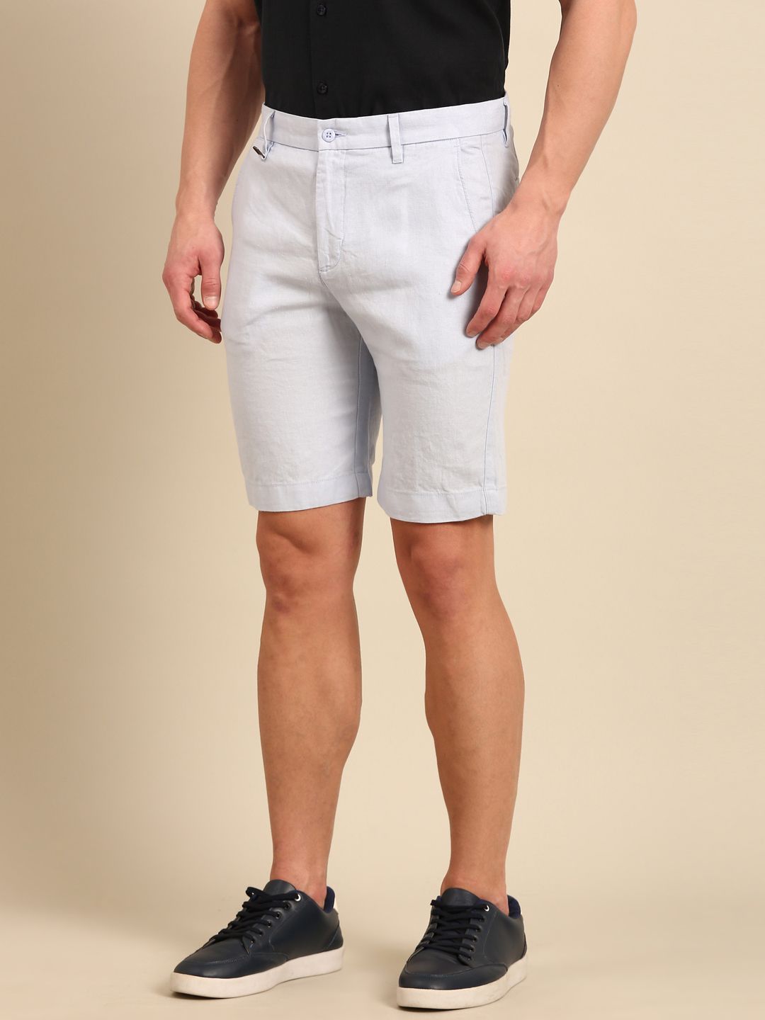 Linen Club Men's Pure Linen Blue Solid Contemporary Fit Casual Shorts