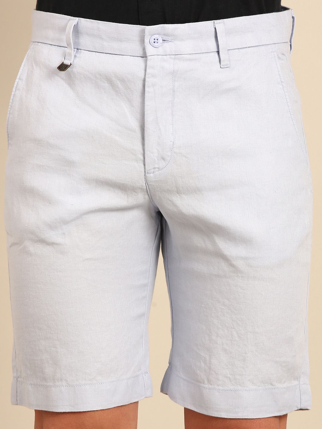 Linen Club Men's Pure Linen Blue Solid Contemporary Fit Casual Shorts