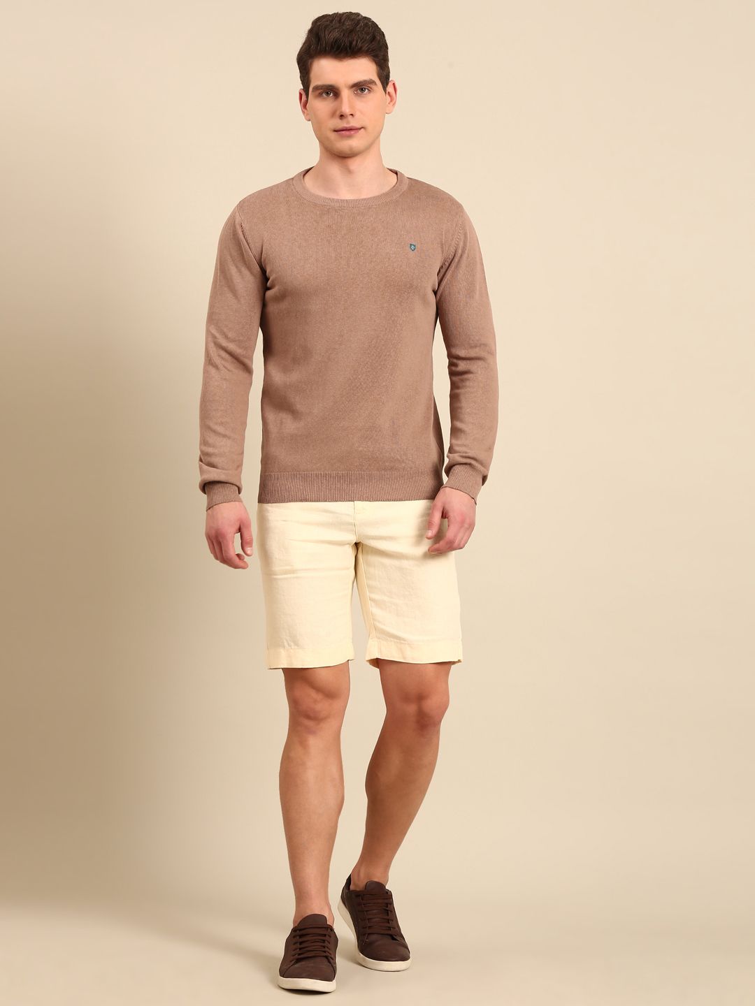 Linen Club Men's Pure Linen Off White Solid Contemporary Fit Casual Shorts