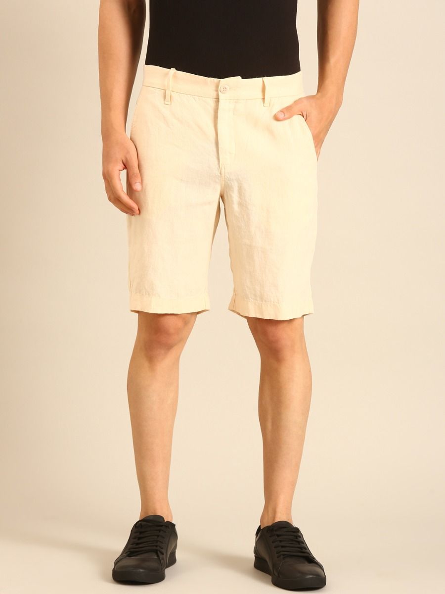 Linen Club Men's Linen Off White Solid Contemporary Fit Casual Shorts Linen Club Men's Linen Off White Solid Contemporary Fit Casual Shorts