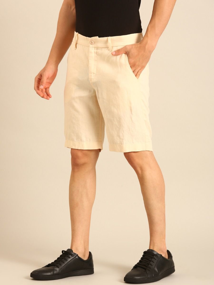 Linen Club Men's Linen Off White Solid Contemporary Fit Casual Shorts Linen Club Men's Linen Off White Solid Contemporary Fit Casual Shorts