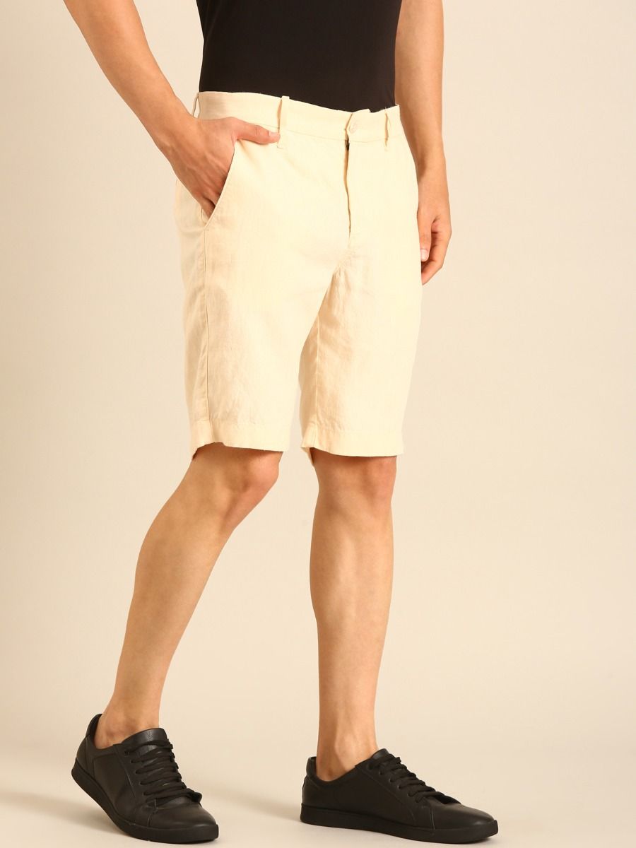 Linen Club Men's Linen Off White Solid Contemporary Fit Casual Shorts Linen Club Men's Linen Off White Solid Contemporary Fit Casual Shorts