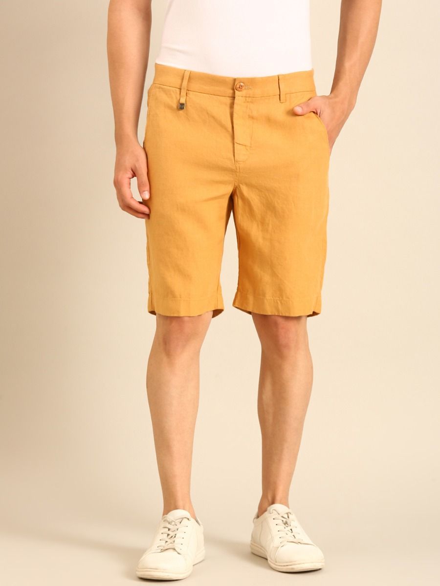 Linen Club Men's Linen Mustard Yellow Solid Contemporary Fit Casual Shorts Linen Club Men's Linen Mustard Yellow Solid Contemporary Fit Casual Shorts