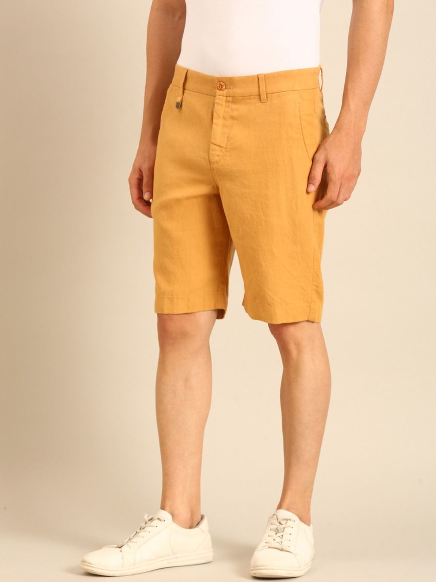 Linen Club Men's Linen Mustard Yellow Solid Contemporary Fit Casual Shorts Linen Club Men's Linen Mustard Yellow Solid Contemporary Fit Casual Shorts