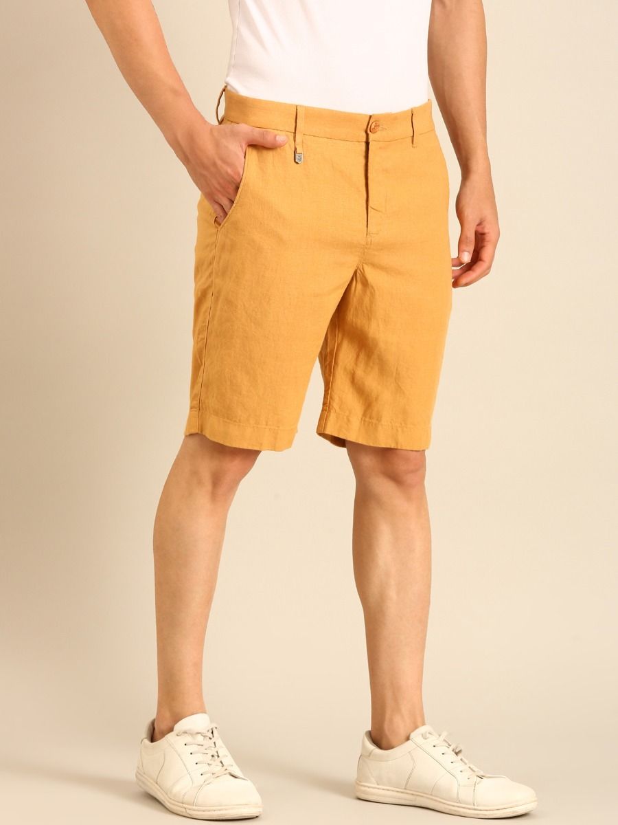 Linen Club Men's Linen Mustard Yellow Solid Contemporary Fit Casual Shorts Linen Club Men's Linen Mustard Yellow Solid Contemporary Fit Casual Shorts