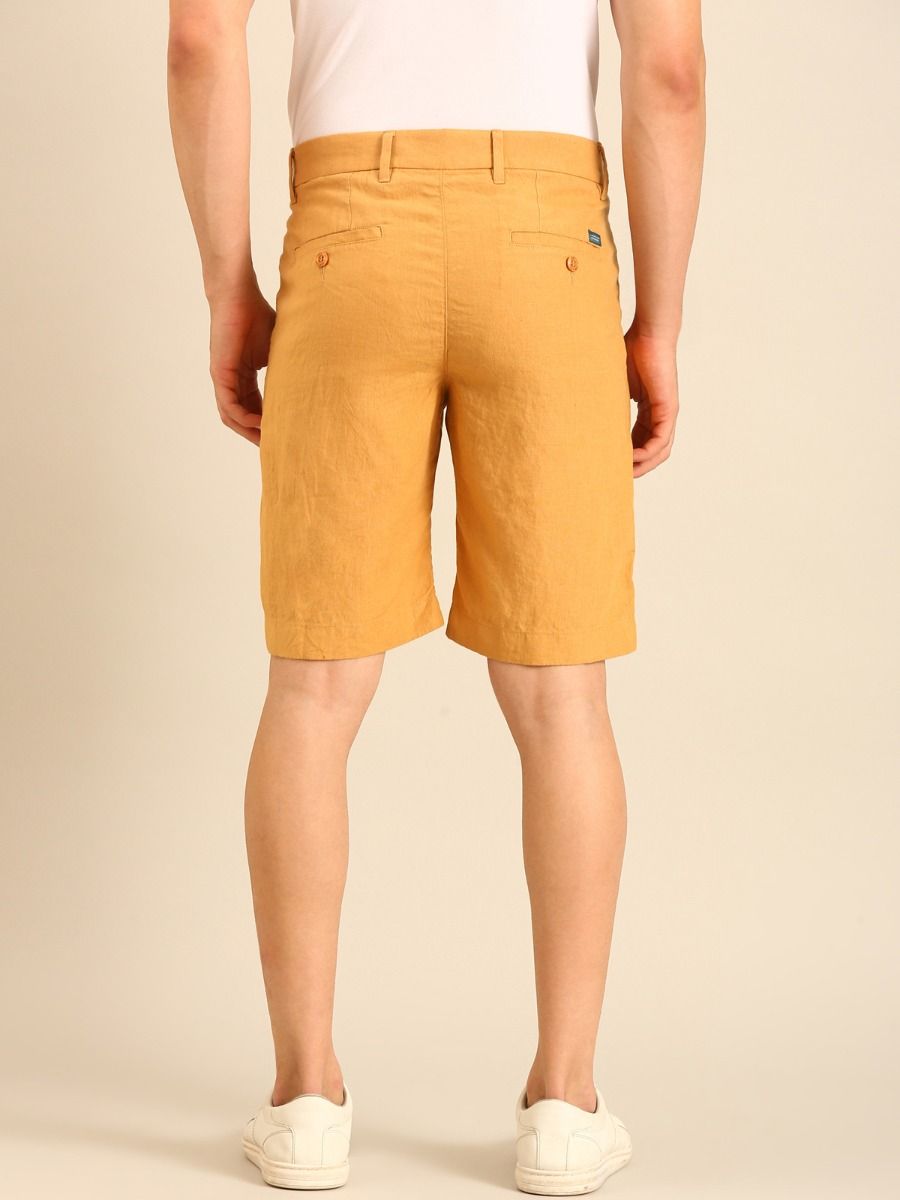 Linen Club Men's Linen Mustard Yellow Solid Contemporary Fit Casual Shorts Linen Club Men's Linen Mustard Yellow Solid Contemporary Fit Casual Shorts