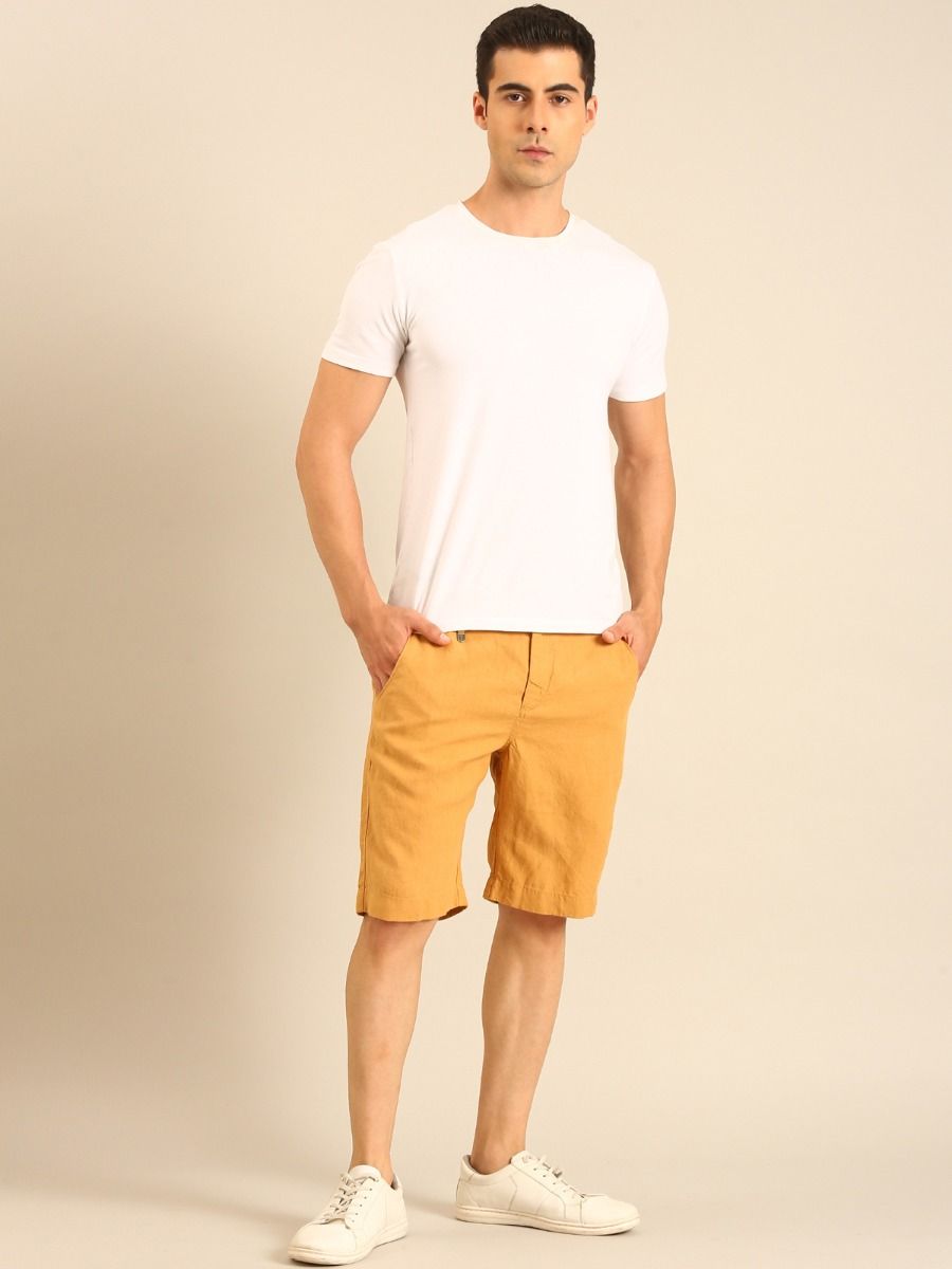 Linen Club Men's Linen Mustard Yellow Solid Contemporary Fit Casual Shorts Linen Club Men's Linen Mustard Yellow Solid Contemporary Fit Casual Shorts