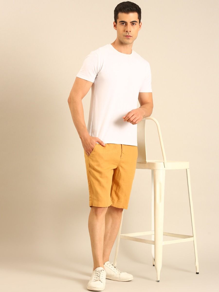 Linen Club Men's Linen Mustard Yellow Solid Contemporary Fit Casual Shorts Linen Club Men's Linen Mustard Yellow Solid Contemporary Fit Casual Shorts