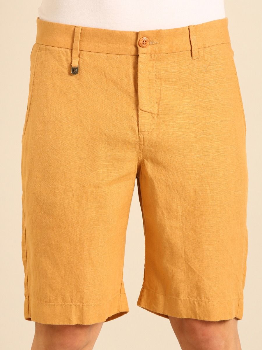 Linen Club Men's Linen Mustard Yellow Solid Contemporary Fit Casual Shorts Linen Club Men's Linen Mustard Yellow Solid Contemporary Fit Casual Shorts