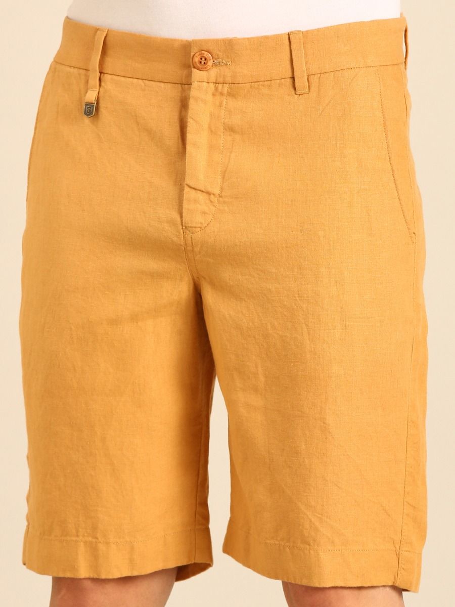 Linen Club Men's Linen Mustard Yellow Solid Contemporary Fit Casual Shorts Linen Club Men's Linen Mustard Yellow Solid Contemporary Fit Casual Shorts