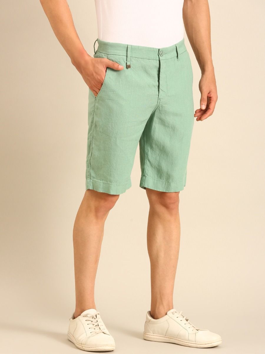 Linen Club Men's Linen Mint Green Solid Contemporary Fit Casual Shorts Linen Club Men's Linen Mint Green Solid Contemporary Fit Casual Shorts