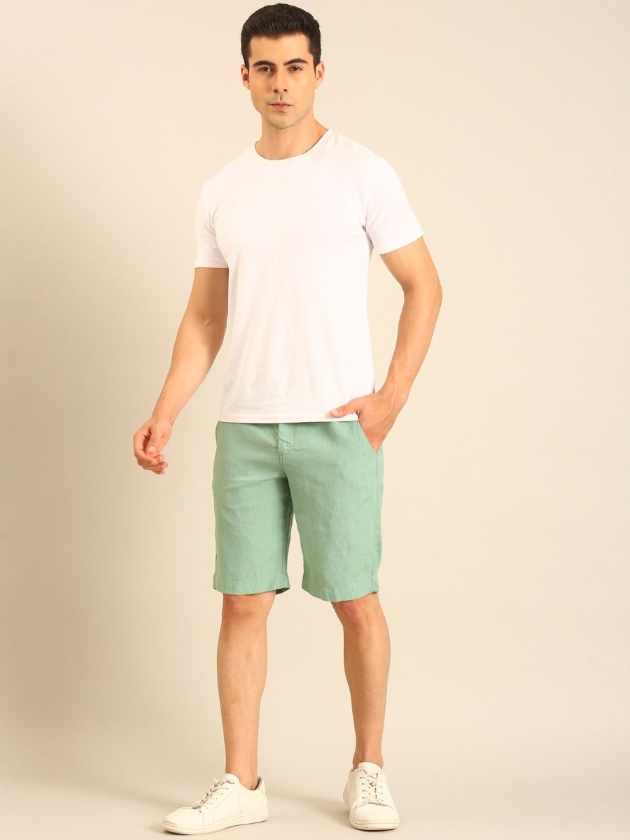 Linen Club Men's Linen Mint Green Solid Contemporary Fit Casual Shorts Linen Club Men's Linen Mint Green Solid Contemporary Fit Casual Shorts