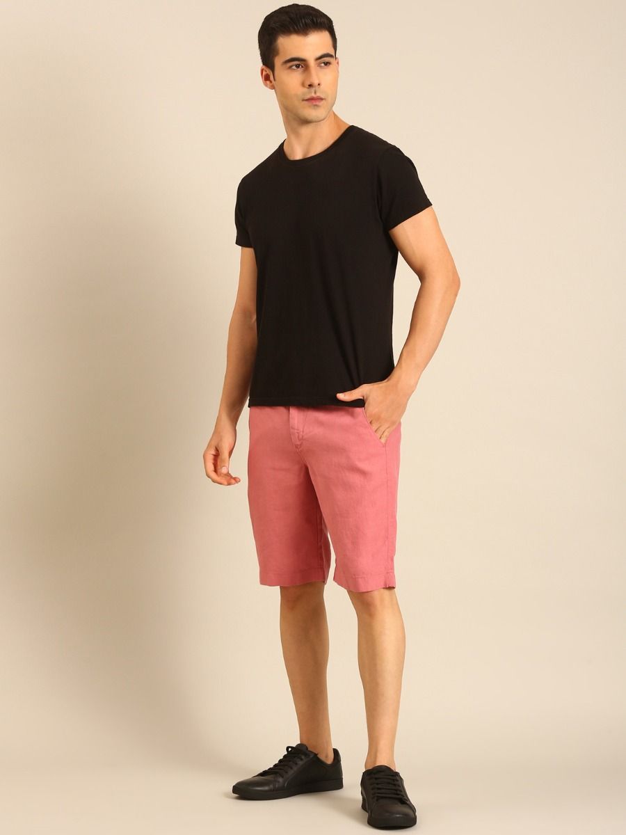 Linen Club Men's Linen Pink Solid Contemporary Fit Casual Shorts Linen Club Men's Linen Pink Solid Contemporary Fit Casual Shorts