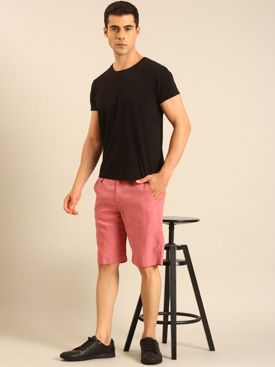 Linen Club Men's Linen Pink Solid Contemporary Fit Casual Shorts Linen Club Men's Linen Pink Solid Contemporary Fit Casual Shorts