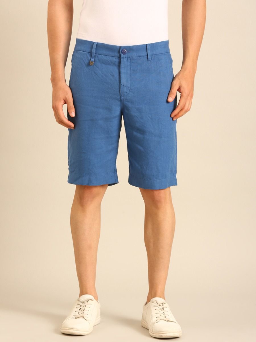 Linen Club Men's Linen Blue Solid Contemporary Fit Casual Shorts Linen Club Men's Linen Blue Solid Contemporary Fit Casual Shorts